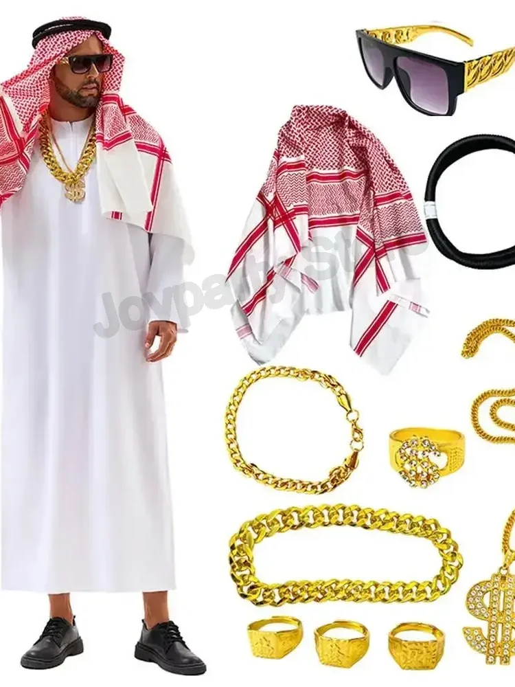 Dubai Kostüm UAE Scheich Cosplay Weißes Gewand Kopftuch für Wohlhabende Saudi-Arabische Geburtstags- und Halloween-Kostüme Reicher Mann Outfit Polyester