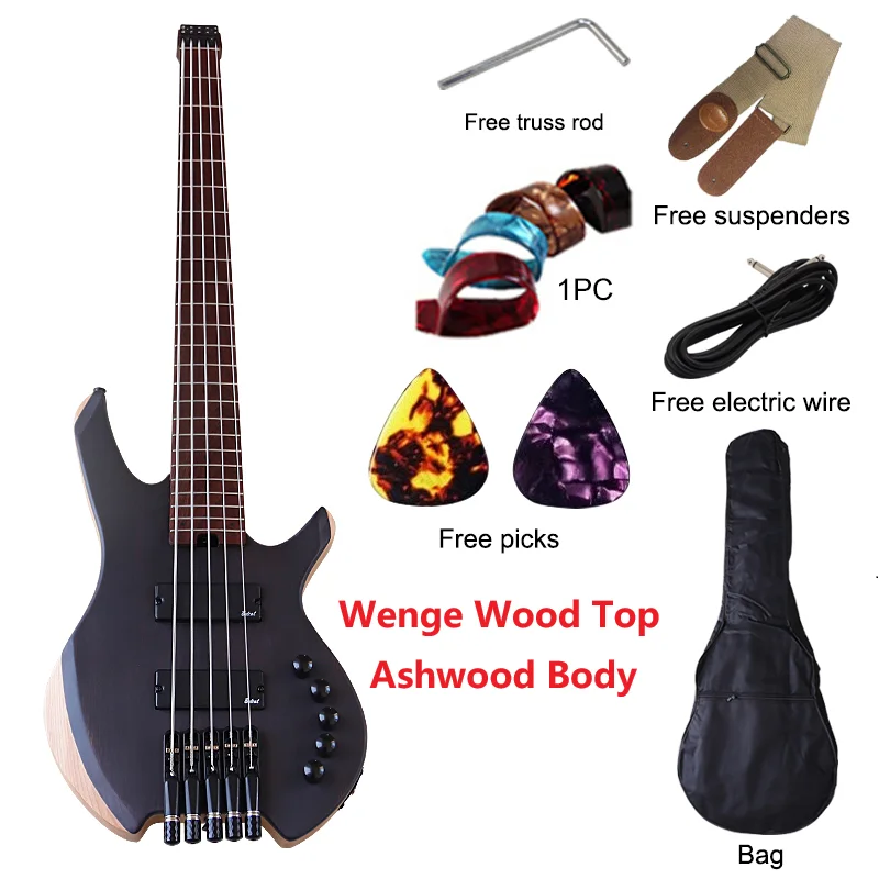 V-glorify 5-String Fretless Headless Bass Guitar 43 Black