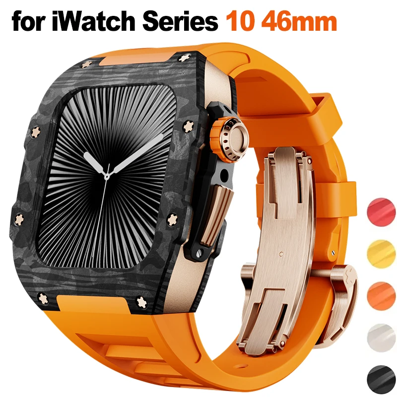 

NEW For Apple Watch S10 46mm, Carbon Fiber Protector Case Luxury Modification Kit, RICHAR Fashion Fluororubber straps iWatch