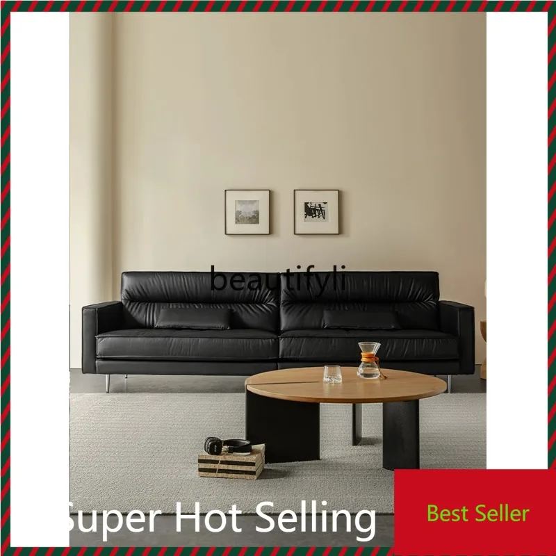 A71 Black all-leather sofa Italian minimalist living room high backrest first layer cowhide three-person straight row sofa