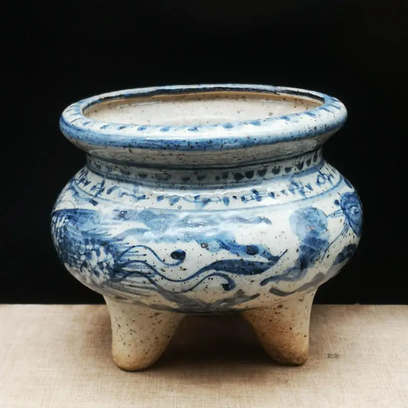 Ming blue and white painted phoenix pattern three legged incense burner antique porcelain collection folk crafts