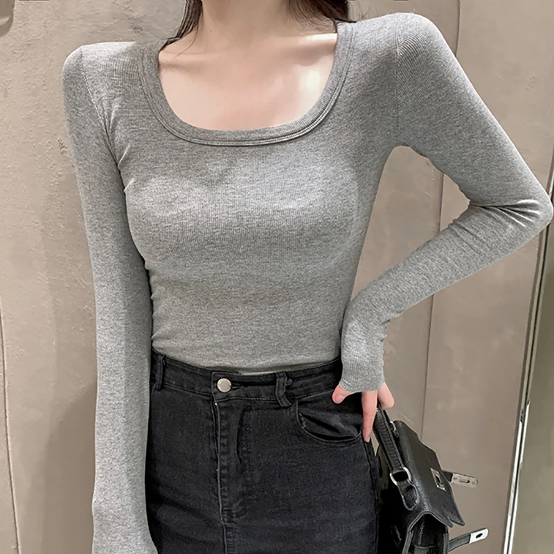 Women Long Sleeve Top T Shirt Autumn Solid Rib Knit Basic Tee Shirt Femme Slim Korean Fashion Clothing Female Pullover T-shirts