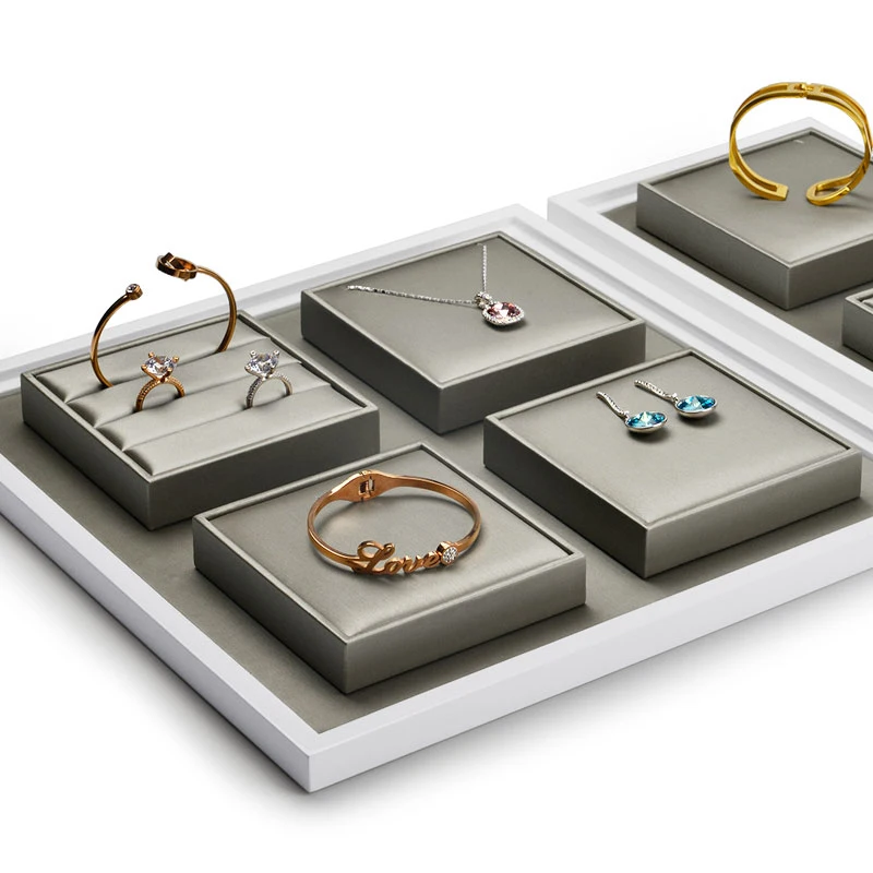 Oirlv PU Leather Jewelry Display Tray with Solid Wood Ring Necklace Bangle Earring Display Stand Organizer Showcase