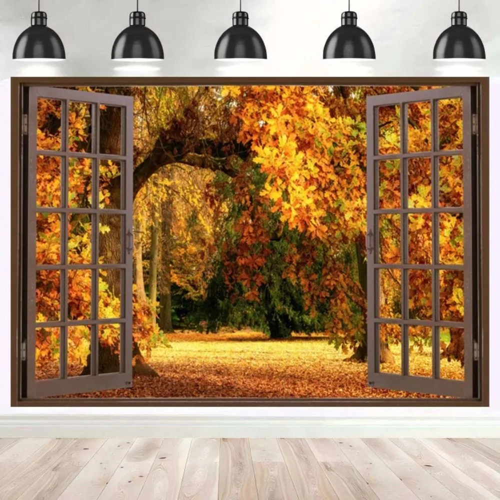 Arrière-plan de fenêtre de forêt d'automne, feuilles d'érable d'automne, récolte de citrouille, Portrait d'enfants de Thanksgiving, décor de fond de photographie