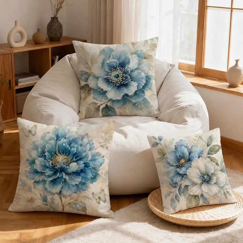 Pattern Blue Tone Vintage Watercolor Peony Cushion Cover Linen Anti-Mite Antibacterial Cushion Cover Invisible Zipper Sofa Decor