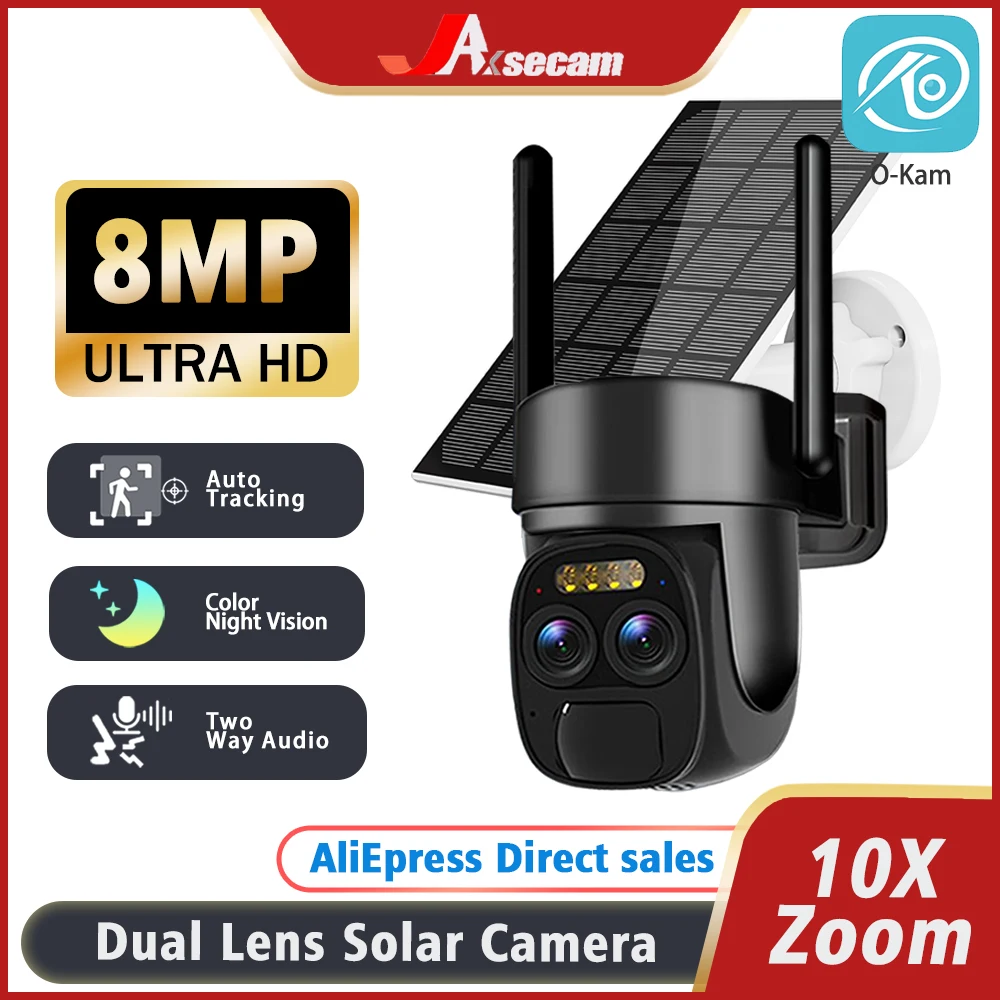 4K 8MP Dual Lens WIFI Solar Pane Camera Outdoor 10X Optical Zoom Audio Color Night Vision Bulit-in Battery Security Camera O-KAM