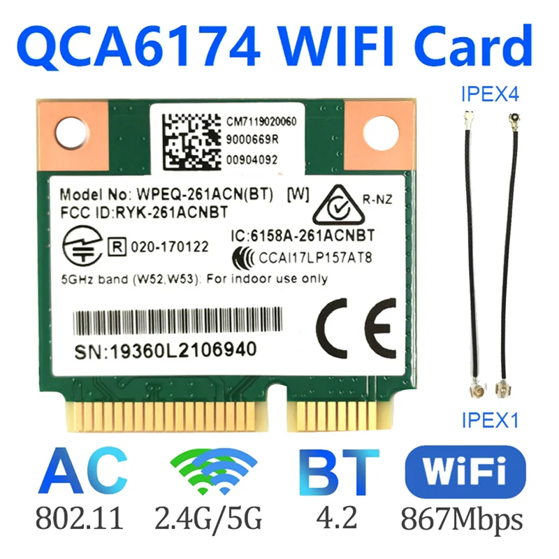 QCA6174 WPEQ-261ACN(BT) WIFI Card+IPEX4 to IPEX1 Cable 802.11AC 867M QCA6174 Bluetooth 4.2 WIFI 5 Mini PCIe Card