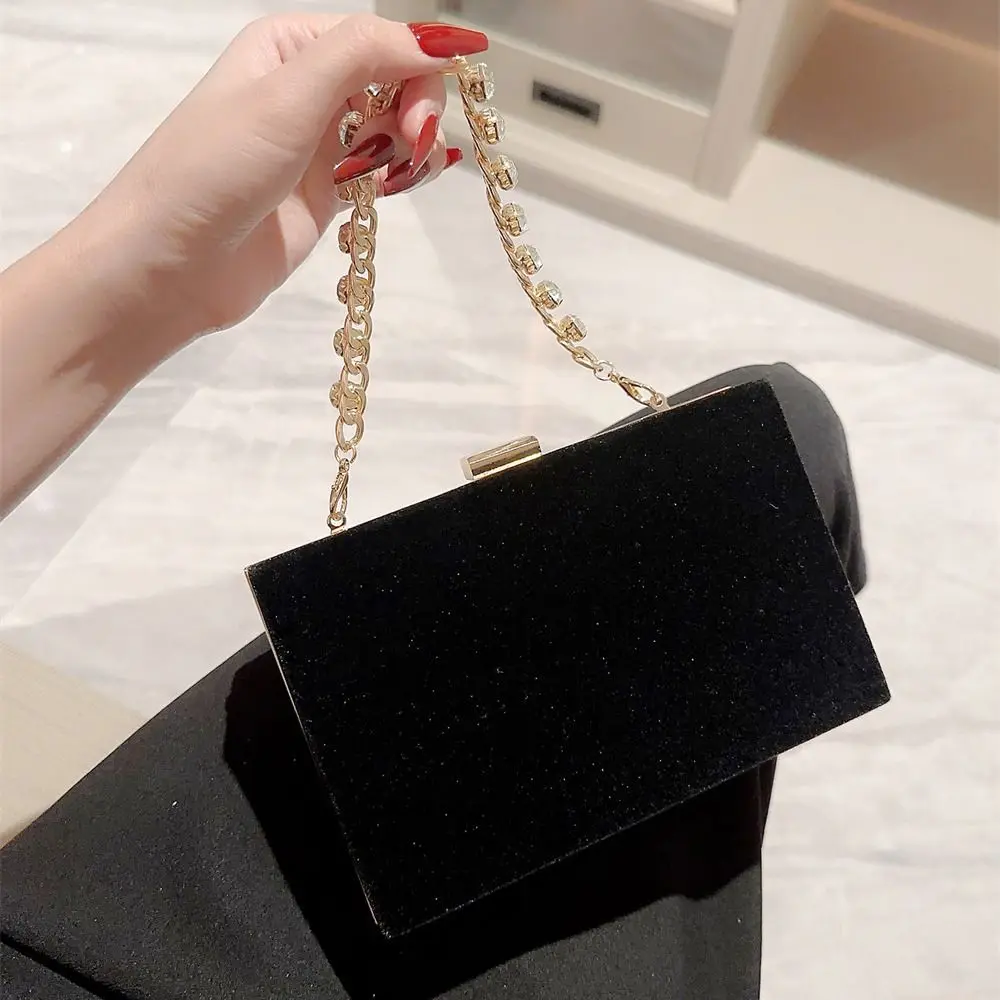 Black Velvet Evening Bag Elegant French Vintage Chain Shoulder Bags Banquet Clutch Women Female