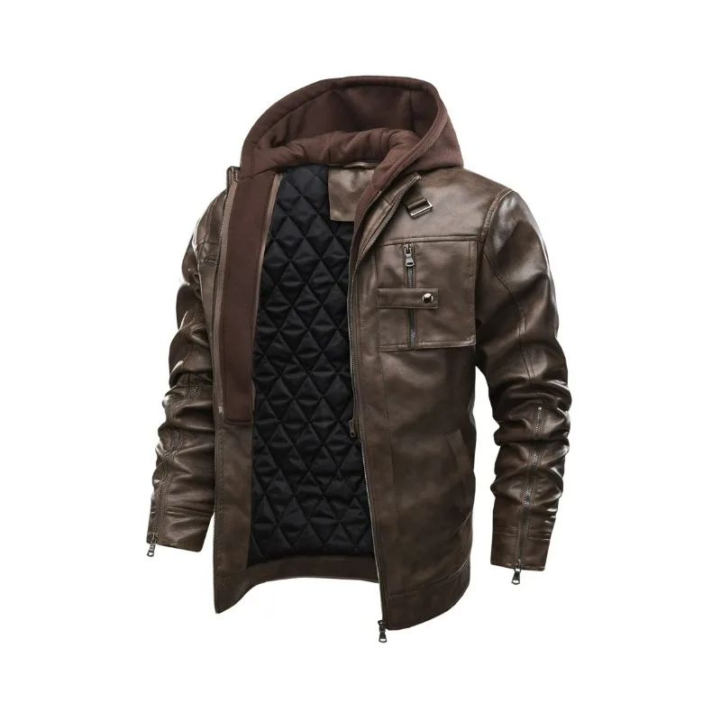 Men Leather Clothing Autumn Winter New Fashion Trend Detachable Cap Design Outdoor Motorcycle Riding Coat Men PU Leather Jacket