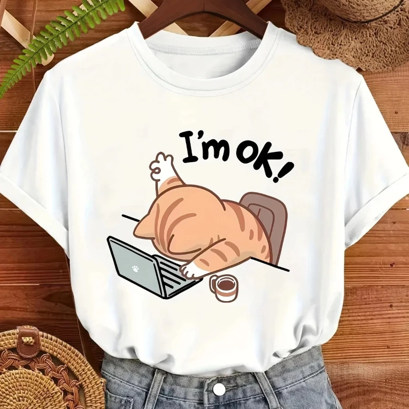 السيدات تي شيرت "Im Ok" القط طباعة الصيف لينة النسيج الحصري قميص جذاب لمحبي القط تنوعا تي شيرت ملابس Kawaii