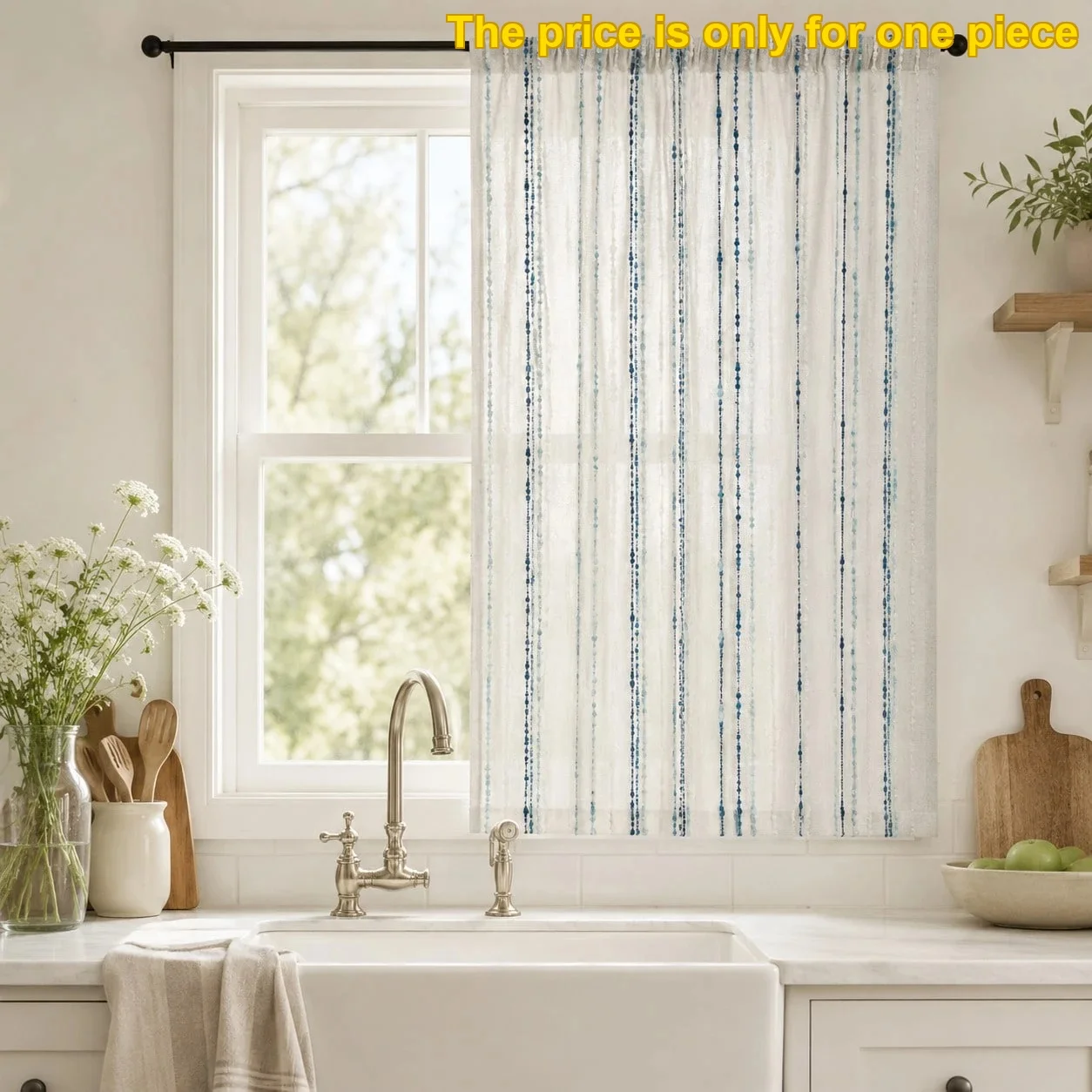 1pc Rod Pocket Cafe Sheer Curtain Set, Cream Base Gradient Blue Textured Dot Stripe, Elegant Home Decor, Perfect for Living Room