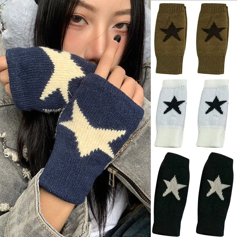 Y2K Autumn Winter Knitted Woolen Gloves Girls Ins Fashion Y2K Women Half Finger Warm Five Pointed Star Fingerless Gloves Unisex