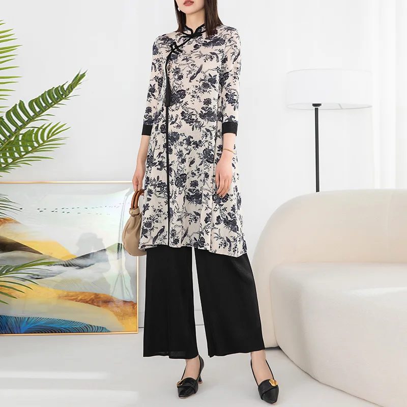 

Miyake Pleated Vintage Printed Fashion Suit Women's Chinese Style New Cheongsam Mid-Length Top High Waist Straight Pants