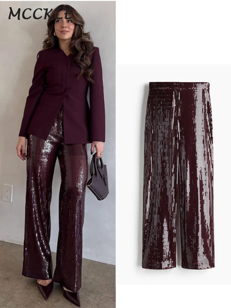 Fashion Sequins Women's Pants Y2K High Waist Wide Leg All-match Solid Trousers Lady 2024 Party Evening Loose Casual Clothing New