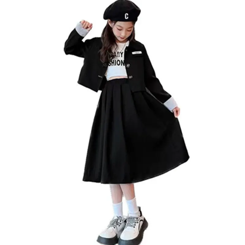 Teenage Girls Suits New Spring Elegant Blazer Suit Jacket+ Midi Skirt Two Pieces Wedding Formal Black Casual Sport Kids Outfits