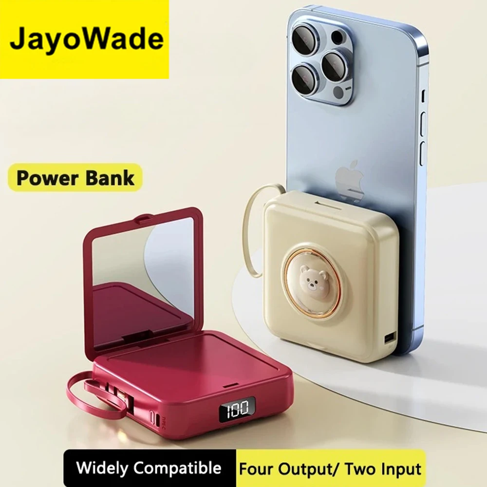 20000mAh Mini Cute Power Bank Cable Portable Charger Girl Women Cartoon Makeup Mirror Powerbank External Battery Pack All Phone