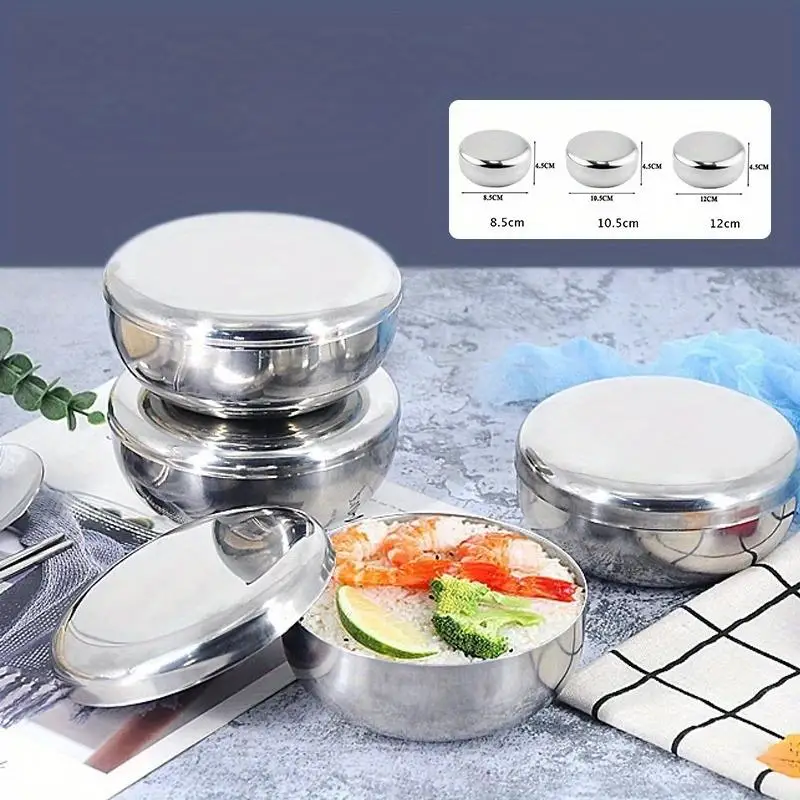 1/3Pcs Stainless Steel Cover Bowl Single Layer Steamed Rice Mixing Serving Fruit Noodle Cereal Pasta Storage Kitchen Tableware