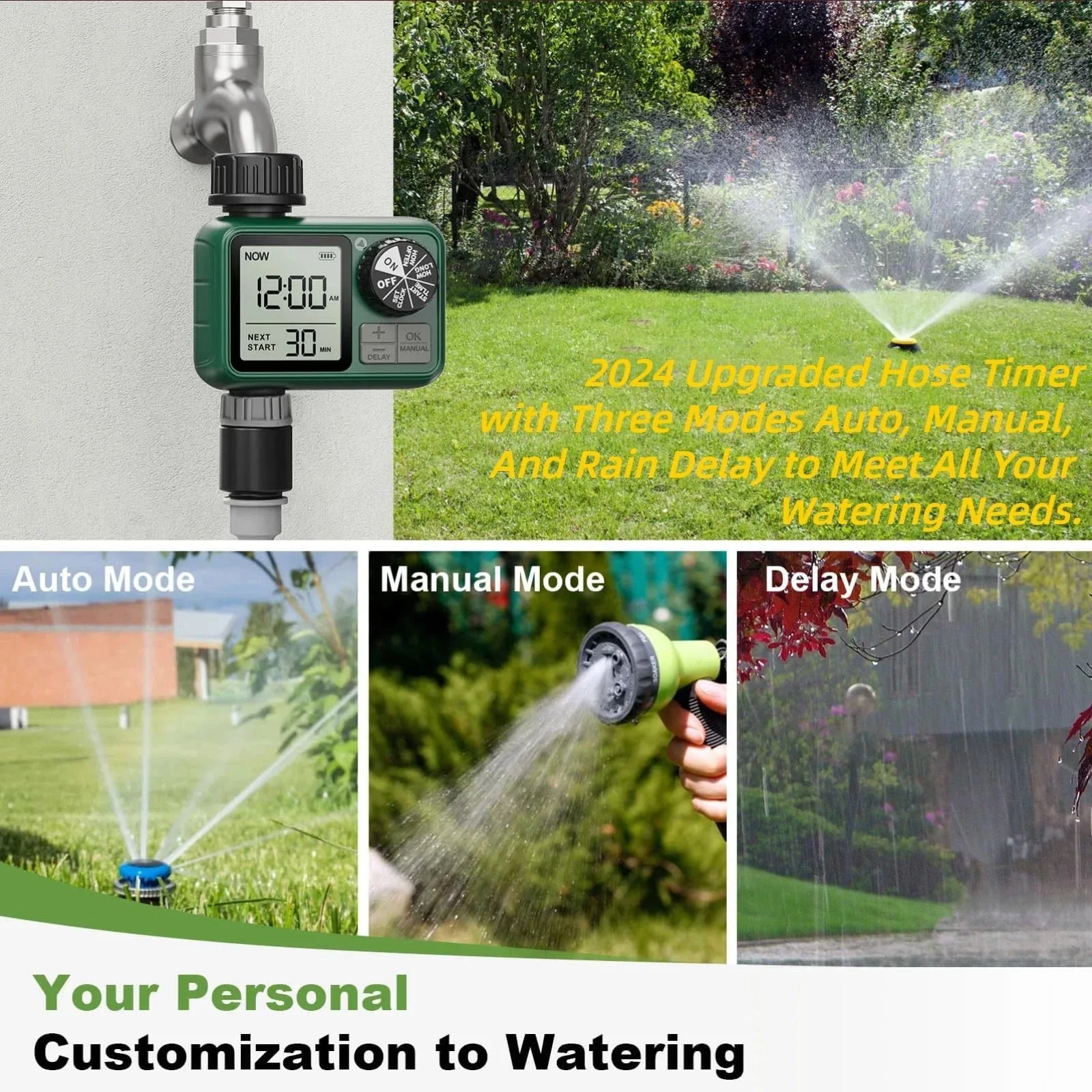 2 Zone Water Timer for Outdoor Garden Hose Dual Outlets Sprinkler Timer with Auto Manual Rain Delay Mode Irrigation Controller for Yard Lawn