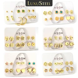LUXUSTEEL Cubic Zirconia Stainless Steel Stud Earring Sets For Women/Girl Cute Satr Flower Studs Hoops Birthday Jewelry Set