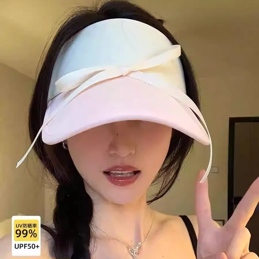الحلو القوس حزام قبعة الشمس المرأة صيف 2025 جديد الحرير الجليد واقية من الشمس ظلة تنفس قبعة للشاطئ التخييم UV حماية قبعات