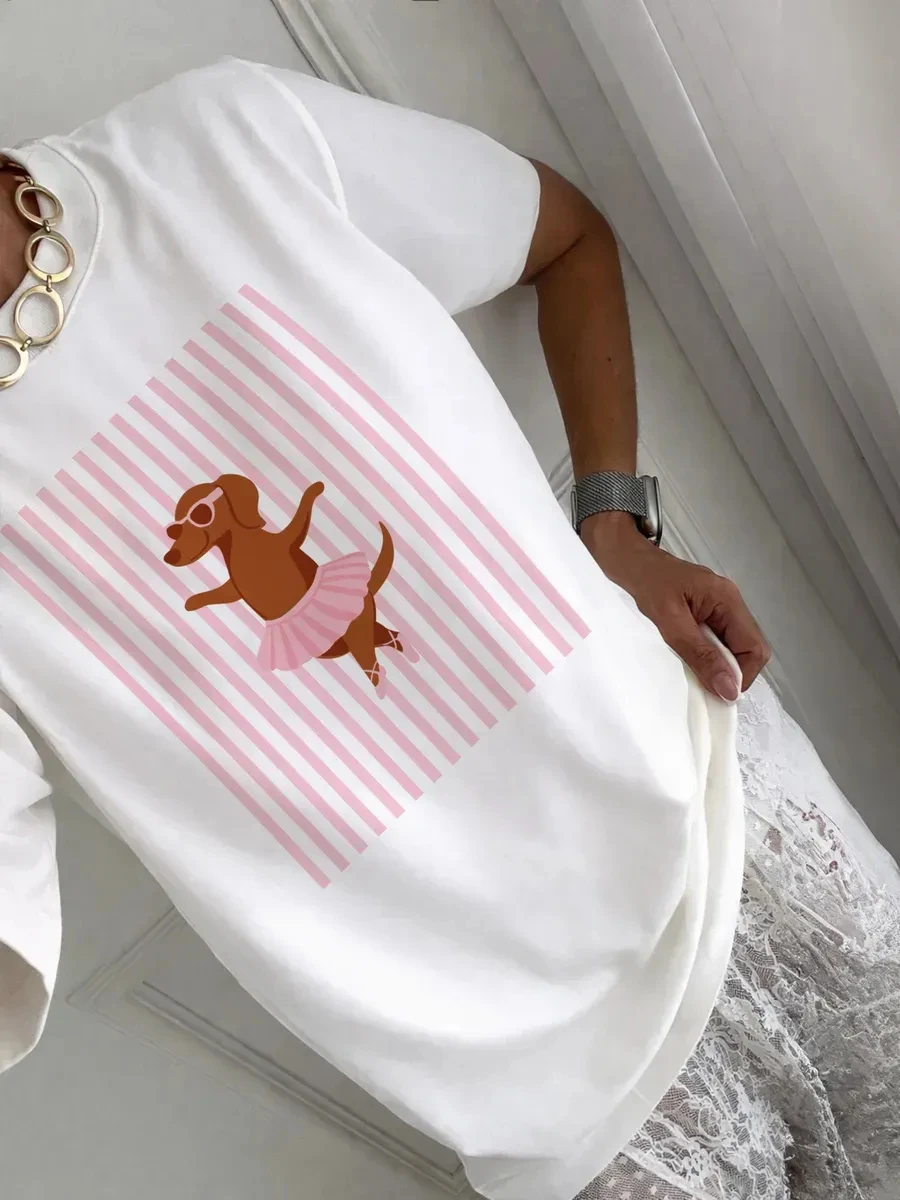 Ballet Dachshund On Pink Striped Print Women'S T-Shirt Summer Breathable T Shirts O-Neck Casual Short Sleeve Cotton Streetwear