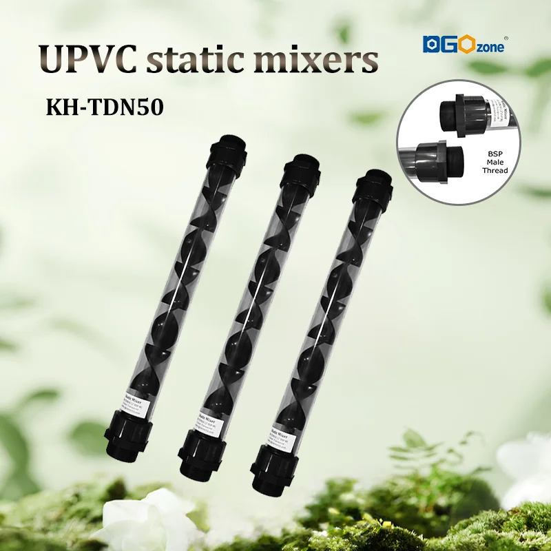 Mezclador estático de plástico de 2" (63 mm de diámetro): mezcla de gas/líquido/ozono, BSP hembra/macho, funda para pegar, bridas DGO más vendidas