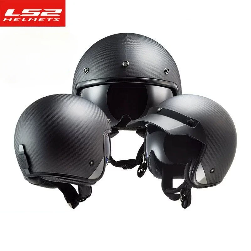 LS2 OF601 Carbon Fiber Retro Locomotive Helmet Motorcycle Men's and Women's  3/4 Half Helmet Lightweight  Casco