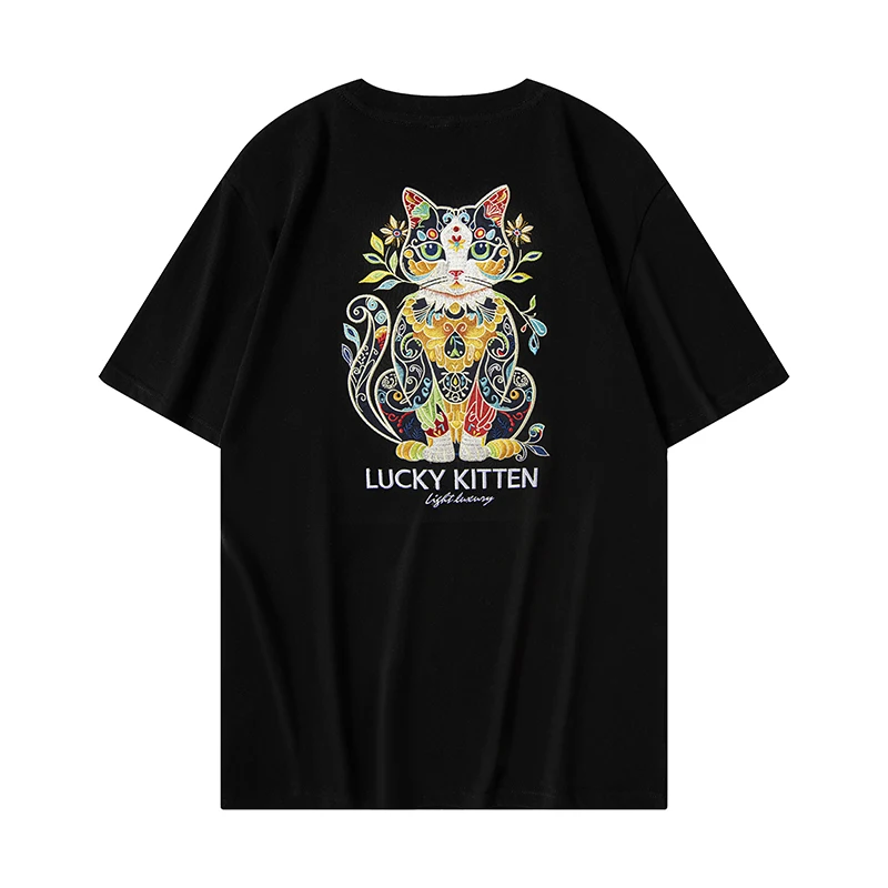 Harajuku T Shirt Men Cat Embroidery T Shirt Women Oversized Japanese Casual  Short Sleeve Cotton Tees High Quality Summer Tops