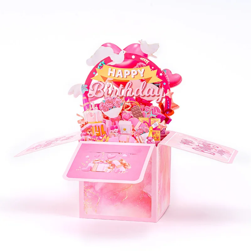 3D Pop Up Happy Birthday Pink Greeting Card Gift Greeting Cards For Birthday with Envelope Blessing Postcard Party Gifts