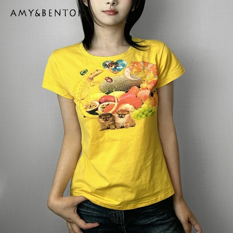 

Оригинальный дизайн, женский топ с короткими рукавами и желтым фруктовым принтом, осенние новые милые милые универсальные возрастные женские футболки