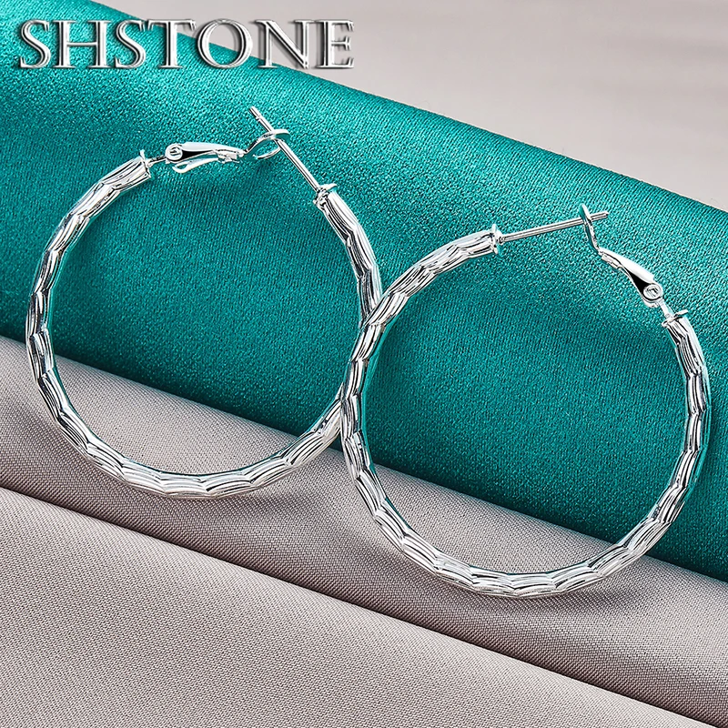 Hot 925 Sterling Silver Engraved Wave Pattern Big Hoop Earrings For Women Party Engagement Wedding Gift Charm Luxury Jewelry