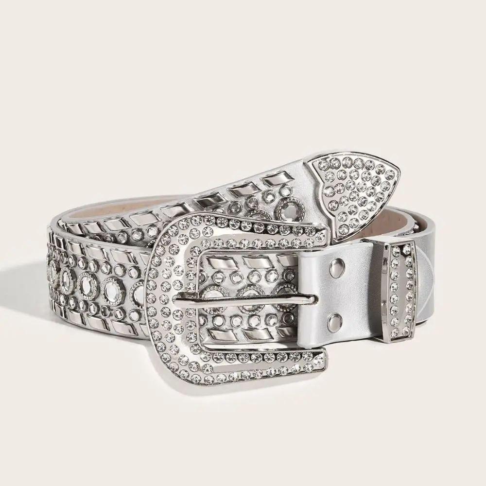 Bling Bling Sparkling Rhinestone Rivet Belt Glitter Luxury Brand Design PU Leather Belt Casual Versatile Pin Buckle Belt