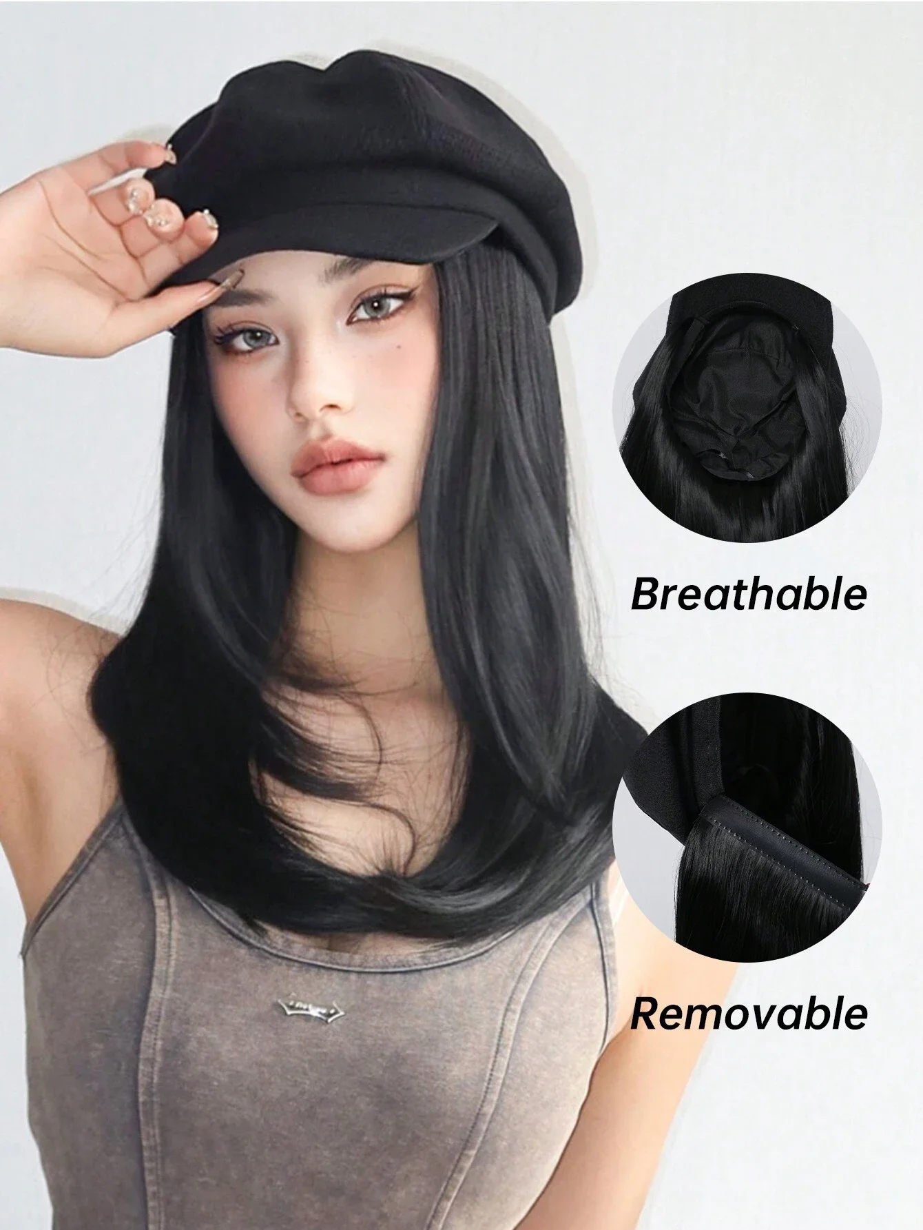 Black Synthetic Wigs with Hat Long Layered Straight Wigs Newsboy Cap Hair Extensions for Women Natural Looking Heat Resistant