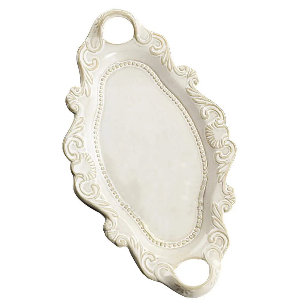 

Ceramic Double Handles Plate Delicate Relief Tray Kitchen Supplies for Cold Noodles Steamed Baked Cakes Fruits Desktop