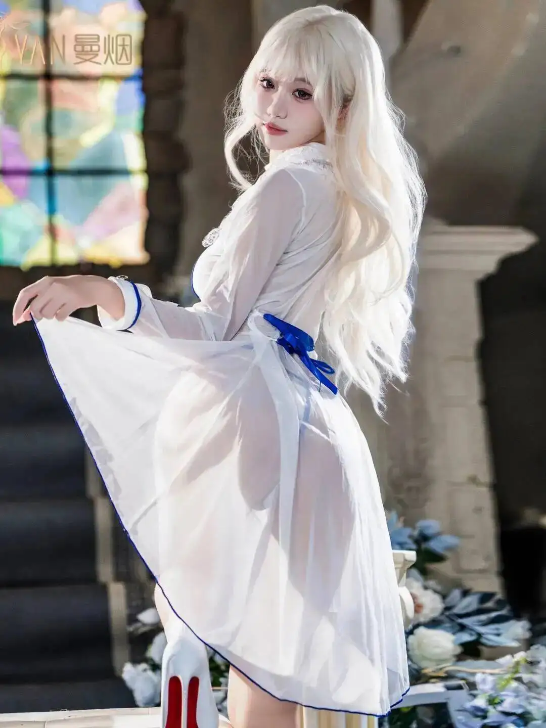 Sexy Female Lace Perspective Soft Gauze Cosplay Slit Court Nun Uniform Dress Elegant White Mesh Lace Sheer Hot Sexy Women NH5W