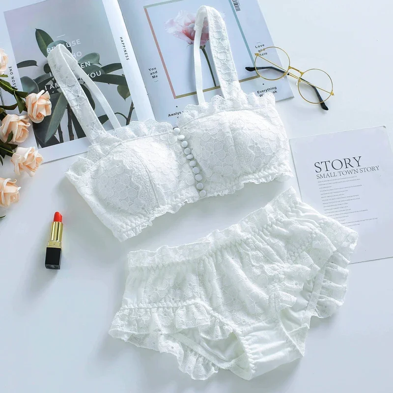 Japanese girl Lolita button front button cotton lace tube top bra set white kawaii retro sweet Style no steel ring underwear