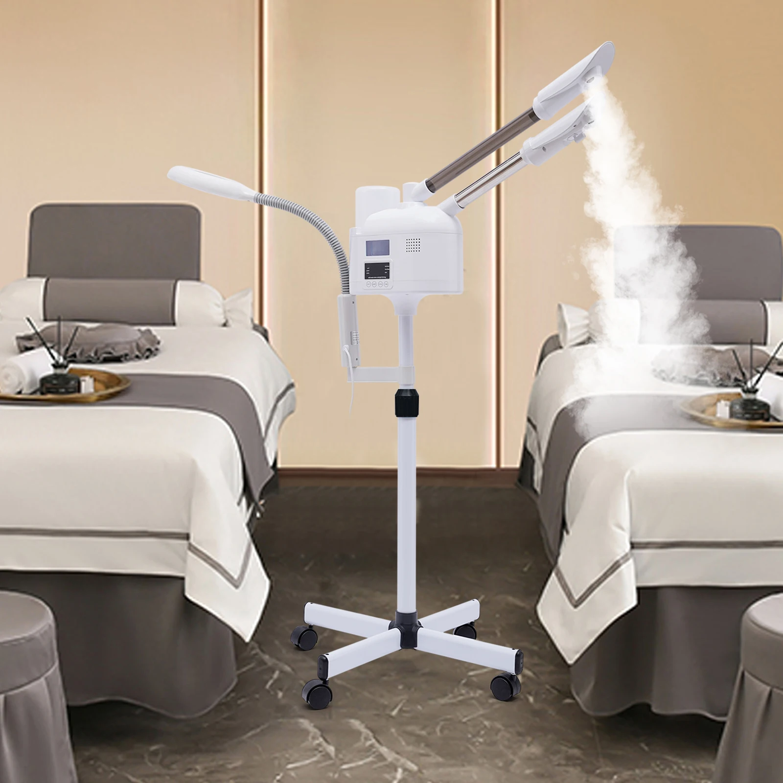 

Нано-отпариватель для лица 3-в-1 с горячим и холодным паром, LED-лампой-лупой, 360° ° Регулируемый, на колесах, для сухой кожи, улучшенная модель 750W