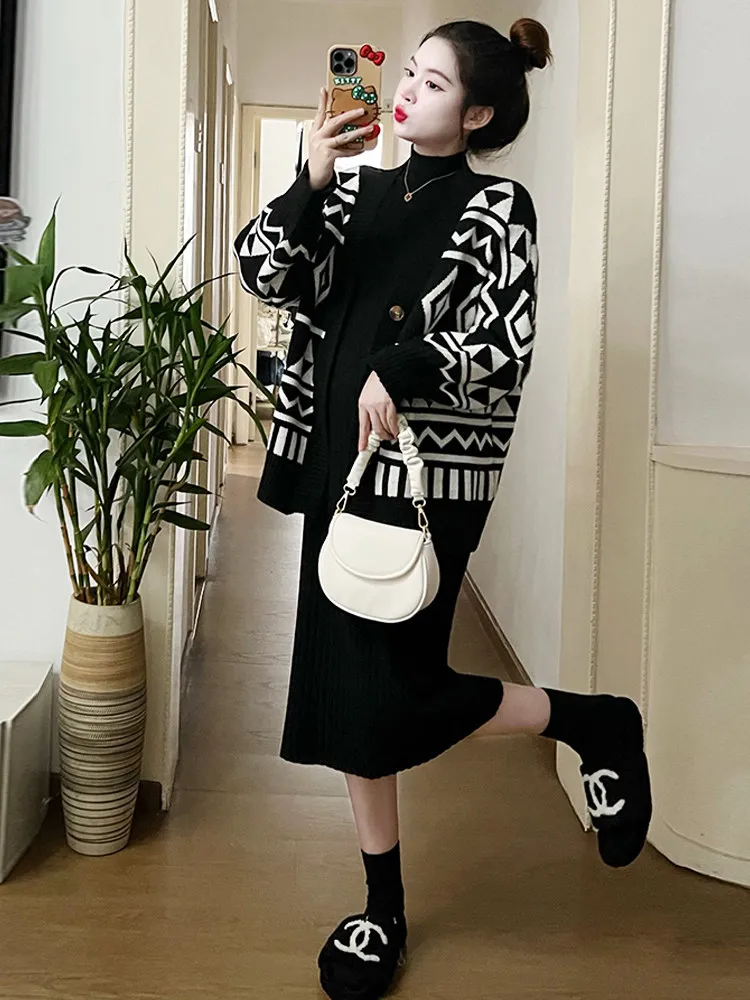 korean-style-knitted-dress-women's-autumn-winter-loose-fit-sweater-coat-base-skirt-two-piece-set-soft-comfortable-polyester-f
