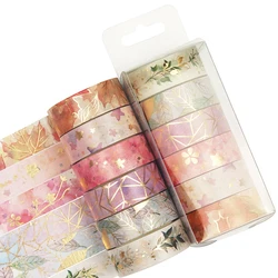 Juego de cintas Washi Sakura, cinta adhesiva decorativa de lámina dorada de 5m, papelería para diario, 6 rollos