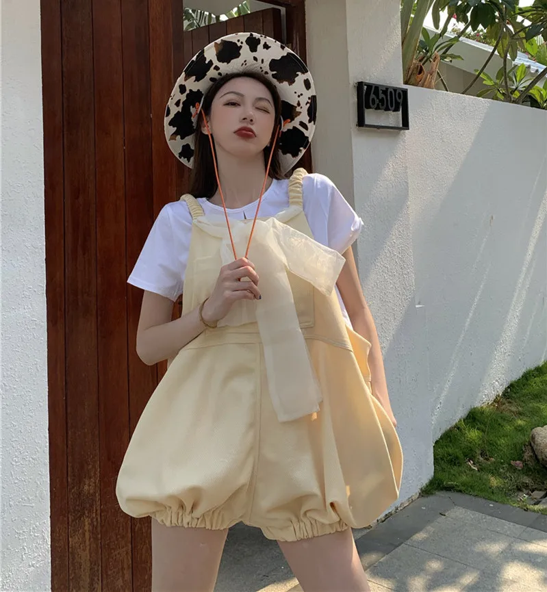 Sweet Kawaii Jumpsuit Women Summer Sleeveless Spaghetti Strap Loose Harajuku Cute Girls Pumpkin Shorts Casual Rompers Playsuits