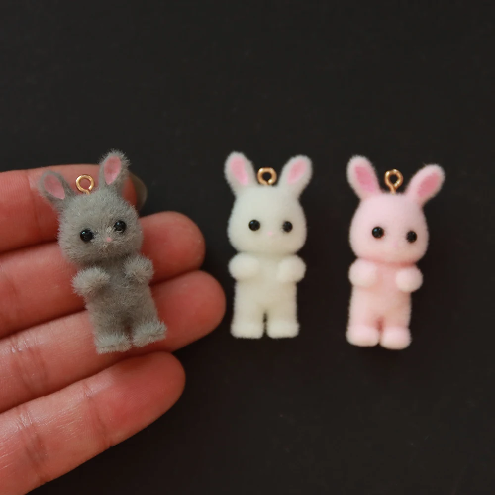 30Pcs 3D Kawaii Rabbit Charms Cute Cartoon Flocked Resin Pendant Earring Keychain Accessories For DIY Crafts Jewelry Make