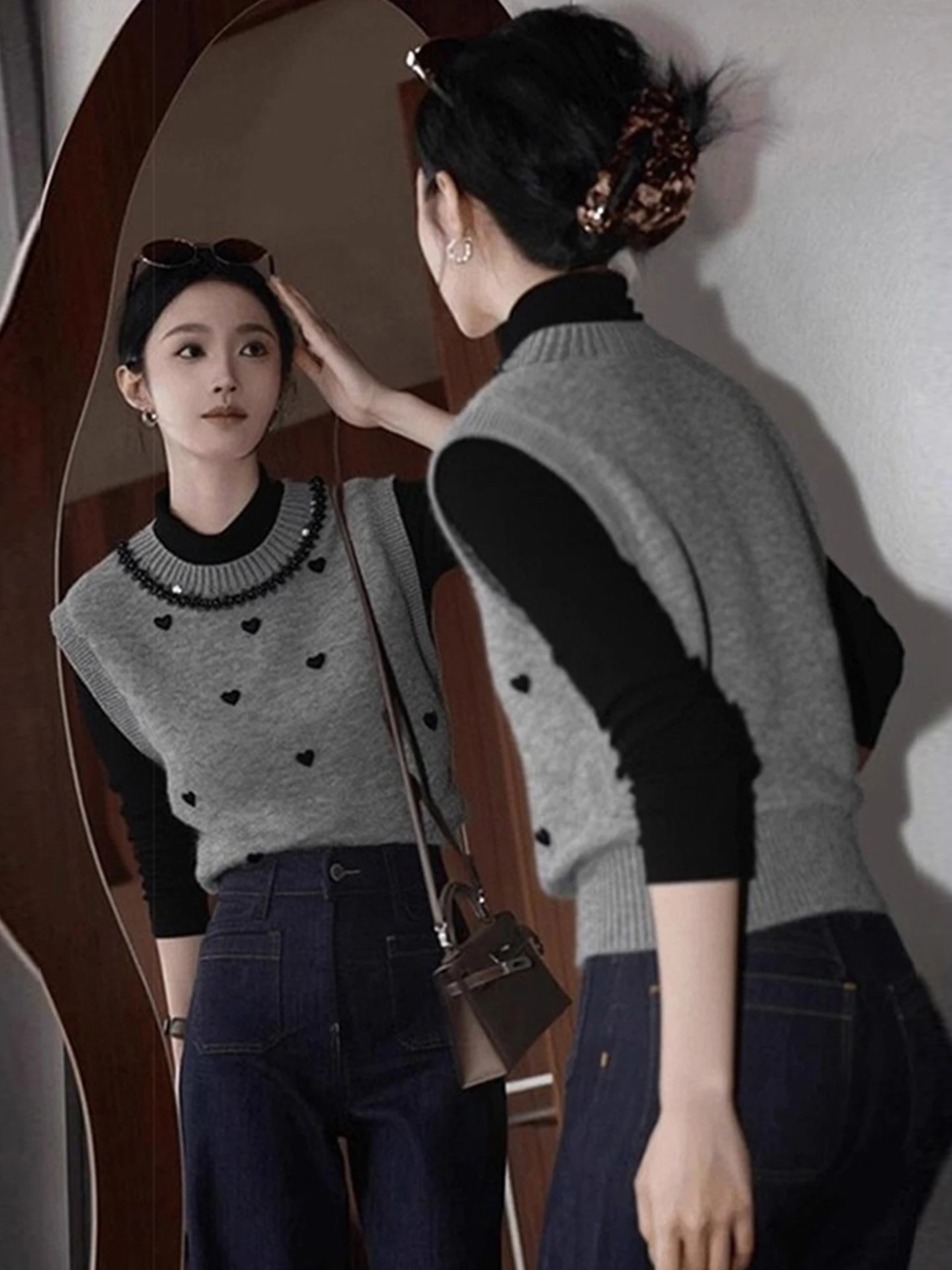 

Вязаный жилет с вышивкой, топ, женский модный комплект, осенне-зимний свитер, многослойная внутренняя одежда, повседневный топ, стандартный крой, состоящий из двух предметов...