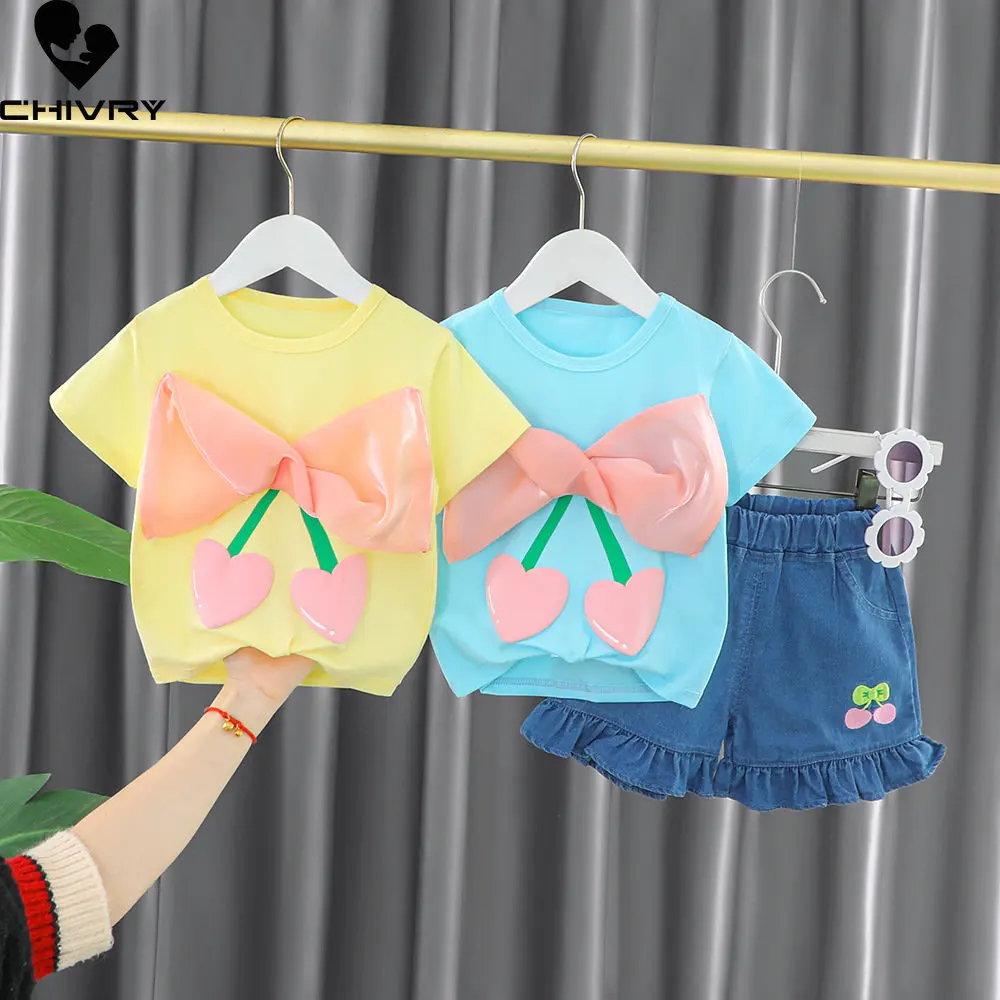 

Girls Summer Clothing Suit New 2023 Baby Girl Heart Bowknot Short Sleeve O-neck T-shirt Tops with Denim Shorts Kids Clothes Sets