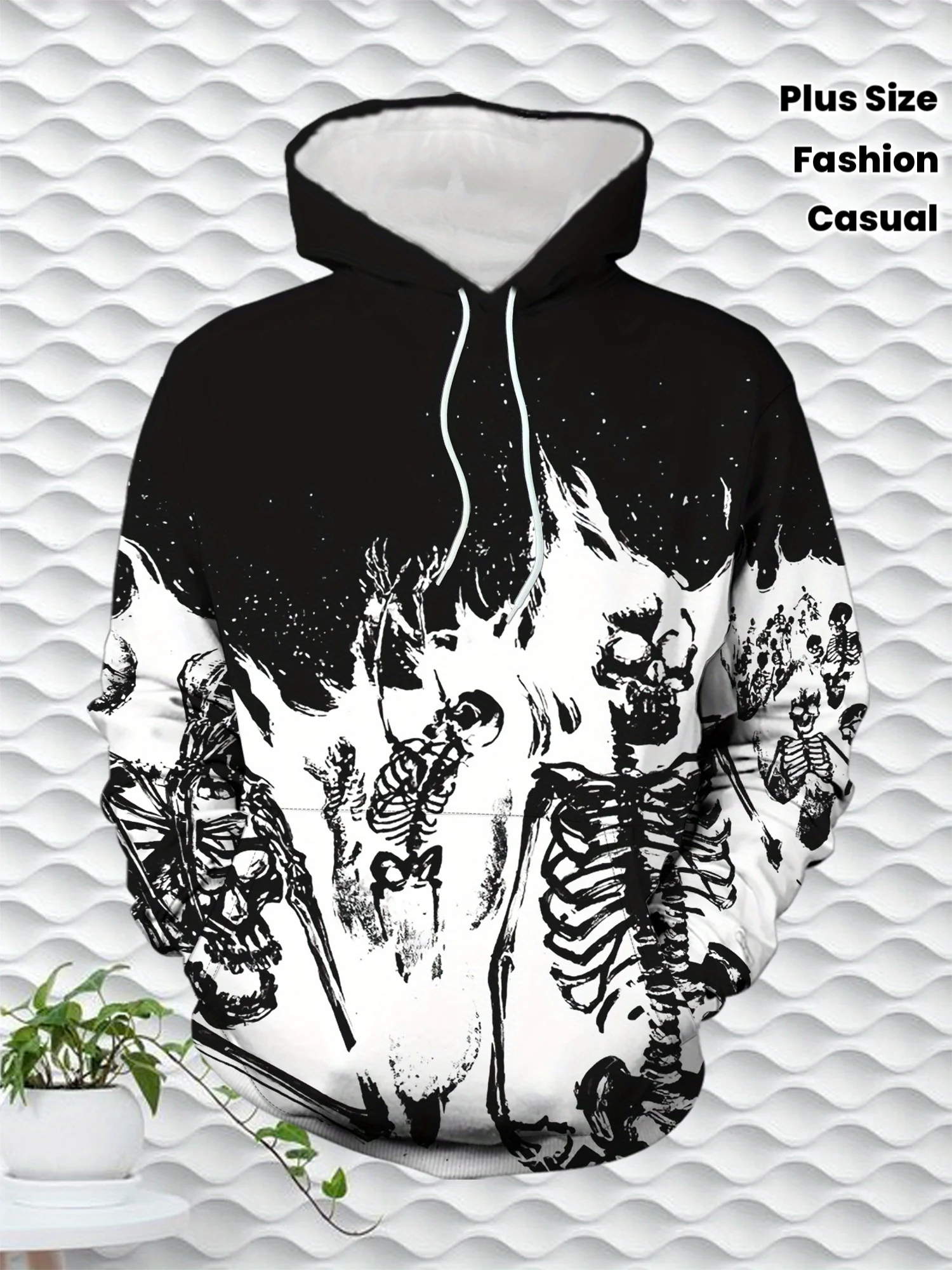 Men Black White Gradient Skeleton Skull Full Print Hoodie Long Sleeve Gothic Street Pullover Sweatshirt