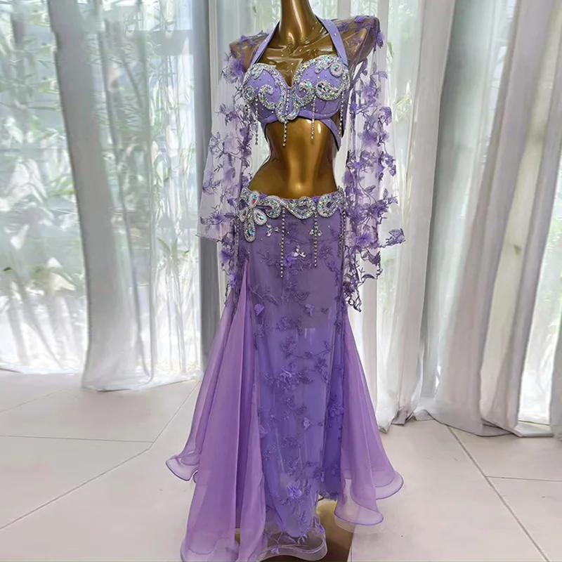 Zestaw do występów tańca brzucha: luksusowy biustonosz z frędzlami z kryształków górskich + seksowna spódnica typu rybka, 2-częściowy strój orientalny na zawody taneczne.