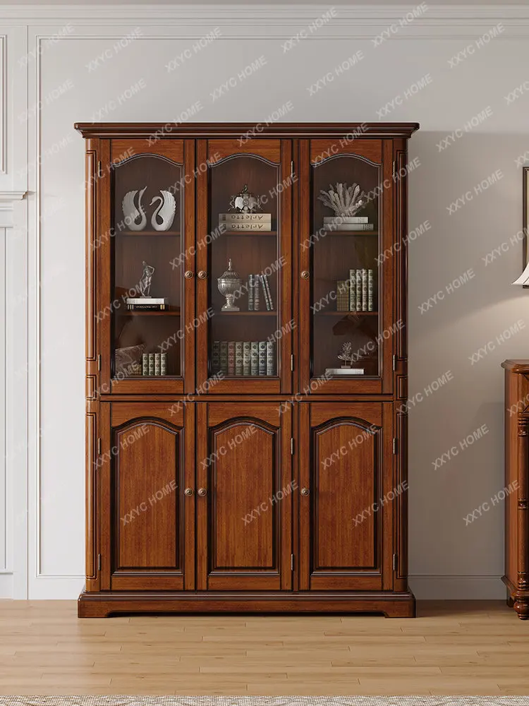 Solid Wood Bookcase with Glass Door Cabinet American Retro Domestic Three-Door Wall Storage Cabinet Living Room Locker