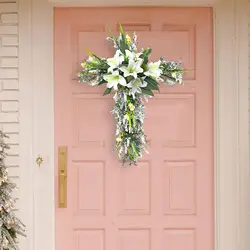 Easter Liliaceous Cross Wreath Garland Welcome Sign 20x15.7inch Artificial Flower for Indoor Outdoor Multipurpose Sturdy