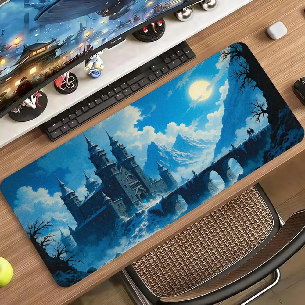 Fairy Tale Castle Night Moon Scenery Large Mouse Pad Non-Slip Rubber With Stitched Edges For Gaming Setup And Desktop Decoration