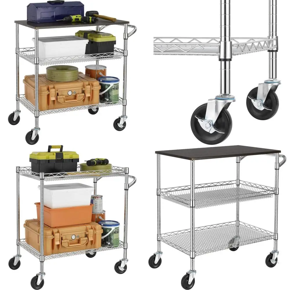 

Прочная 3-ярусная тележка-органайзер с деревянной столешницей, передвижная проволочная тележка, стальная тележка для хранения на колесах, сертифицирована NS