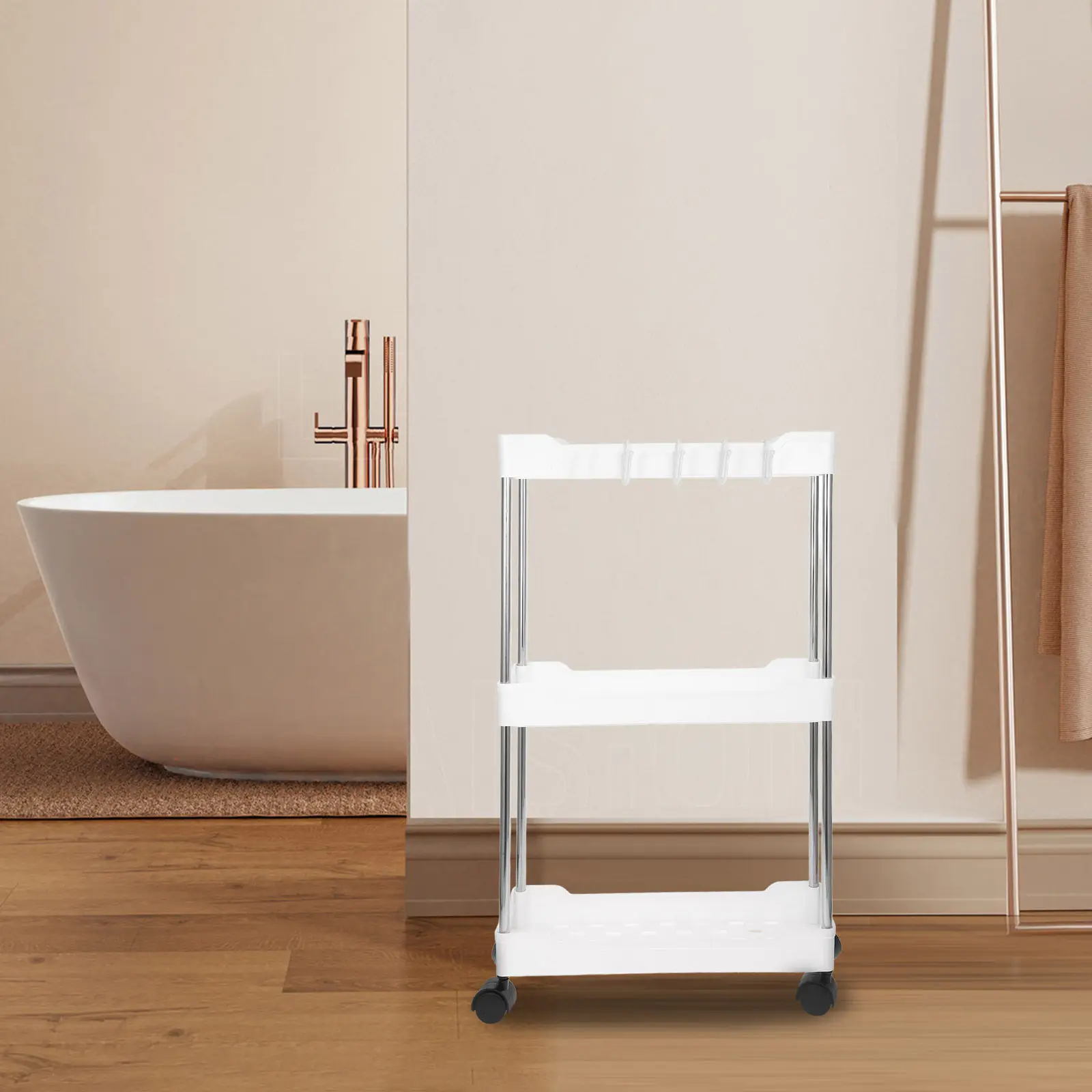 Rolling Storage Cart 3 Tier Multi-Layer Utility Trolley Rack Freestanding Design for Bathroom Kitchen Pantry Nursery Craft Space